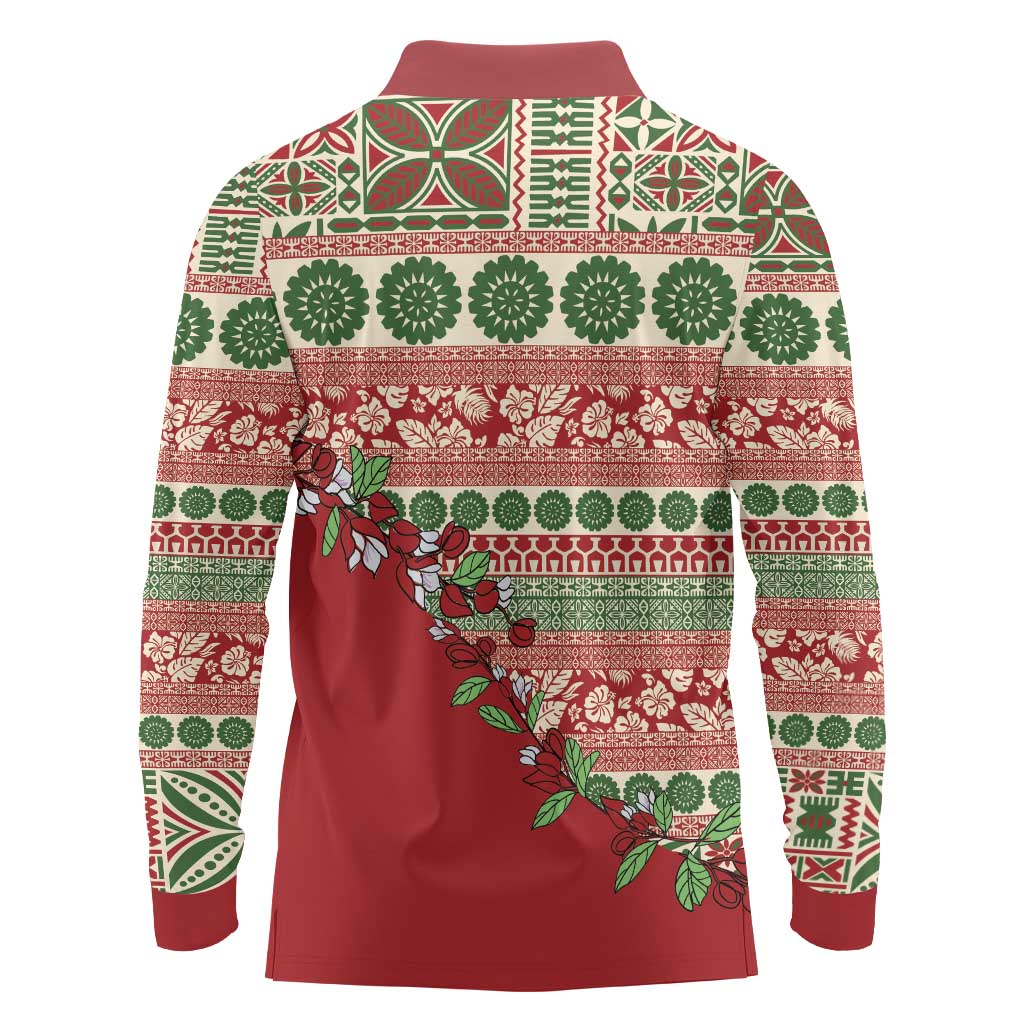 Fiji Marau na Kerisimasi Long Sleeve Polo Shirt Red Tagimoucia Tapa Masi Tribal - Polynesian Pride