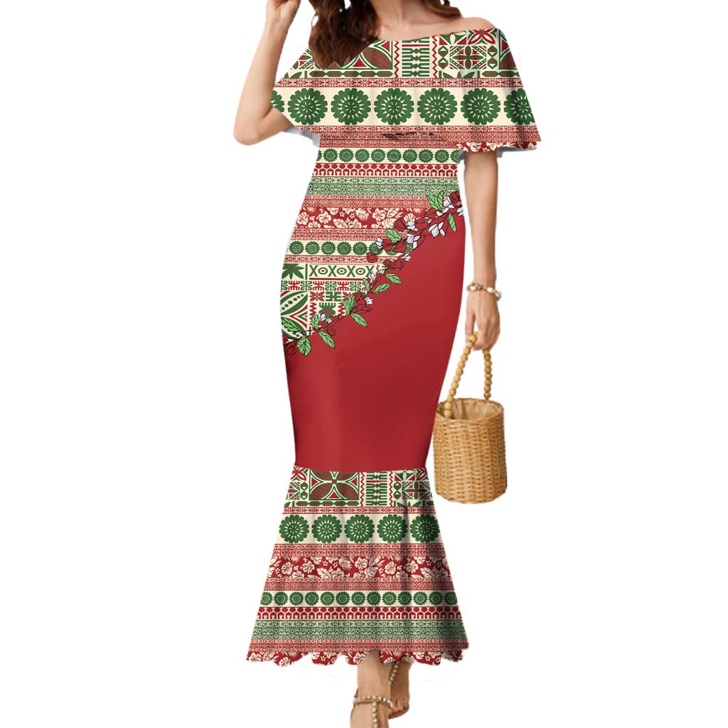 Fiji Marau na Kerisimasi Mermaid Dress Red Tagimoucia Tapa Masi Tribal - Polynesian Pride