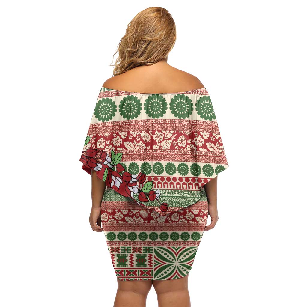 Fiji Marau na Kerisimasi Off Shoulder Short Dress Red Tagimoucia Tapa Masi Tribal - Polynesian Pride
