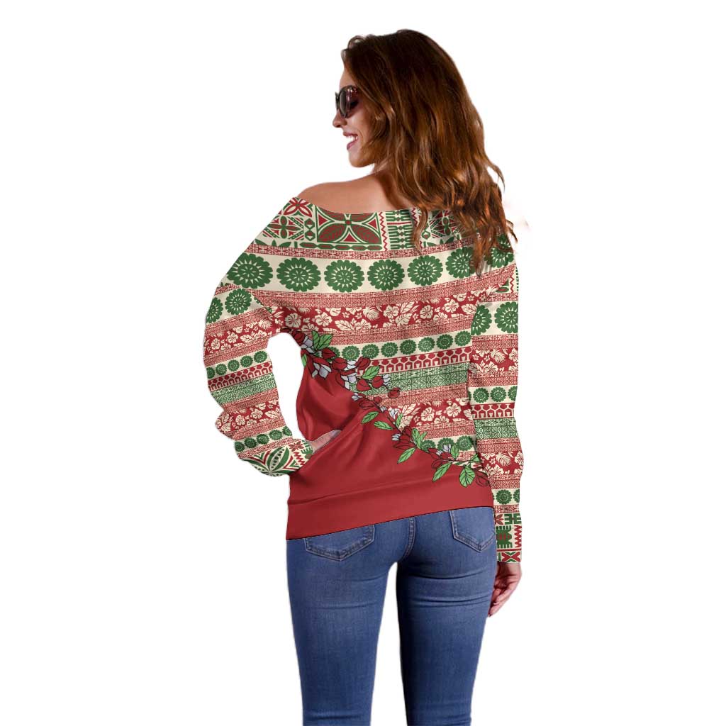 Fiji Marau na Kerisimasi Off Shoulder Sweater Red Tagimoucia Tapa Masi Tribal - Polynesian Pride