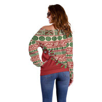 Fiji Marau na Kerisimasi Off Shoulder Sweater Red Tagimoucia Tapa Masi Tribal - Polynesian Pride