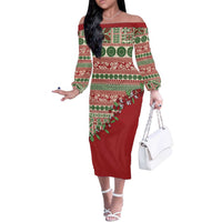 Fiji Marau na Kerisimasi Off The Shoulder Long Sleeve Dress Red Tagimoucia Tapa Masi Tribal LT9 Women Red - Polynesian Pride