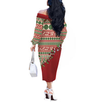 Fiji Marau na Kerisimasi Off The Shoulder Long Sleeve Dress Red Tagimoucia Tapa Masi Tribal LT9 - Polynesian Pride