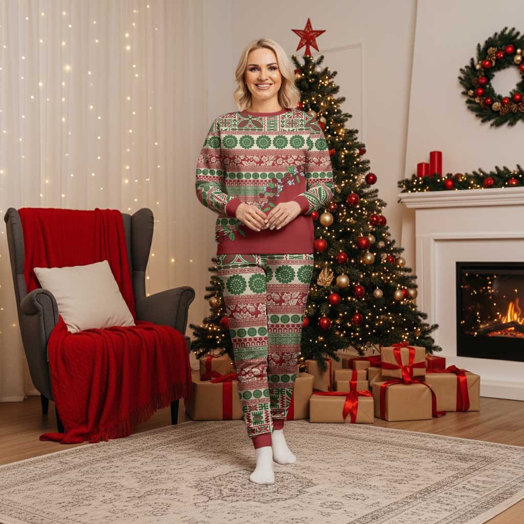 Fiji Marau na Kerisimasi Christmas Pajama Set Red Tagimoucia Tapa Masi Tribal - Polynesian Pride
