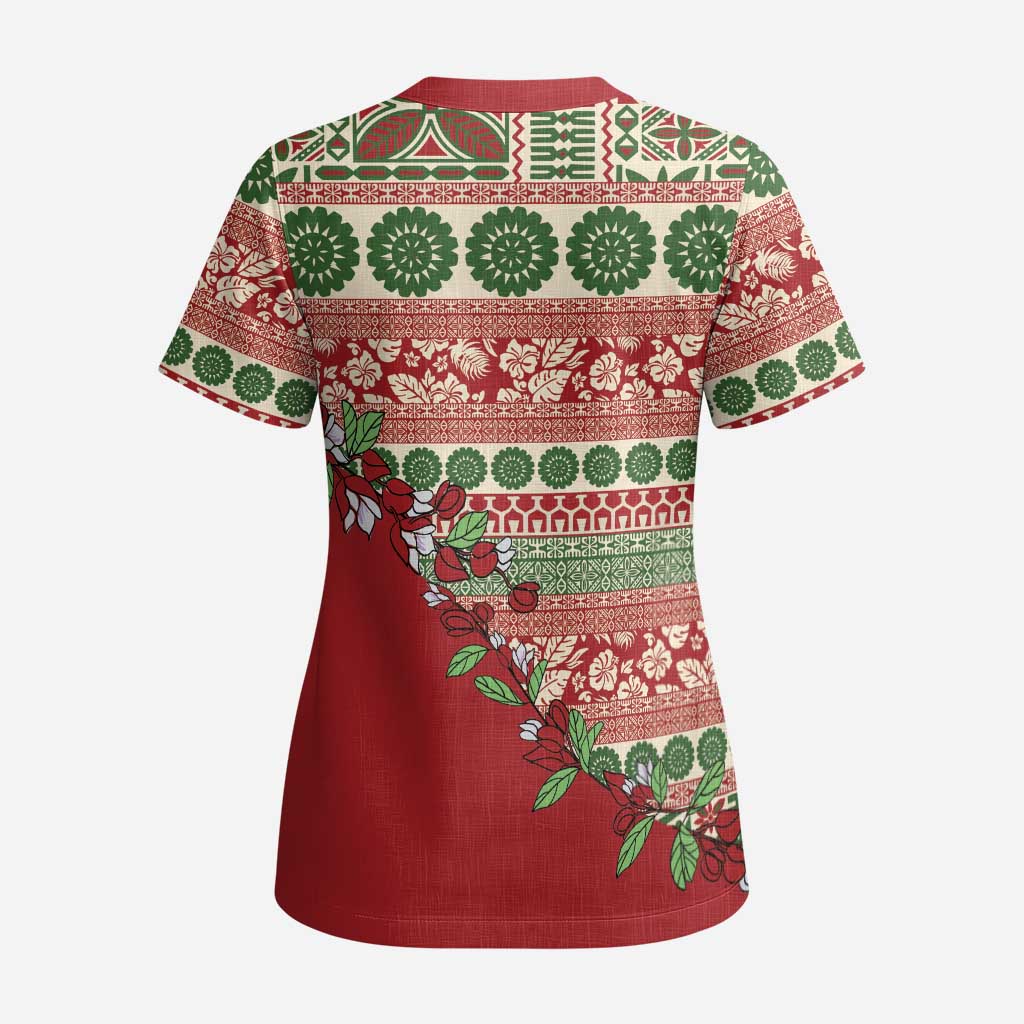Fiji Marau na Kerisimasi Scrub Top Red Tagimoucia Tapa Masi Tribal - Polynesian Pride