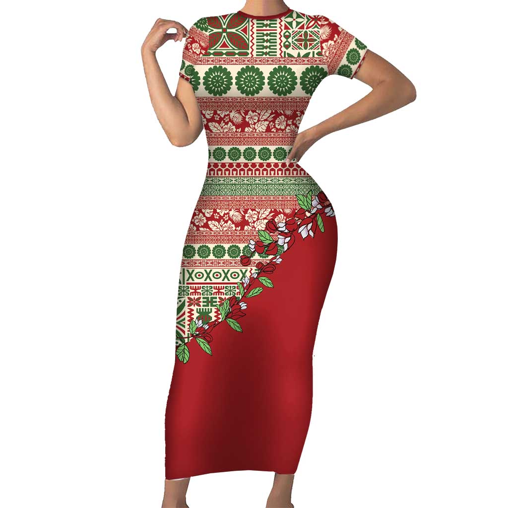 Fiji Marau na Kerisimasi Short Sleeve Bodycon Dress Red Tagimoucia Tapa Masi Tribal LT9 Long Dress Red - Polynesian Pride