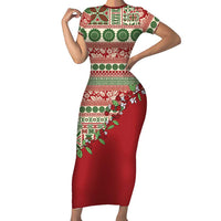 Fiji Marau na Kerisimasi Short Sleeve Bodycon Dress Red Tagimoucia Tapa Masi Tribal LT9 Long Dress Red - Polynesian Pride