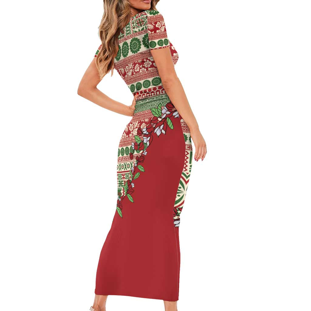 Fiji Marau na Kerisimasi Short Sleeve Bodycon Dress Red Tagimoucia Tapa Masi Tribal LT9 - Polynesian Pride