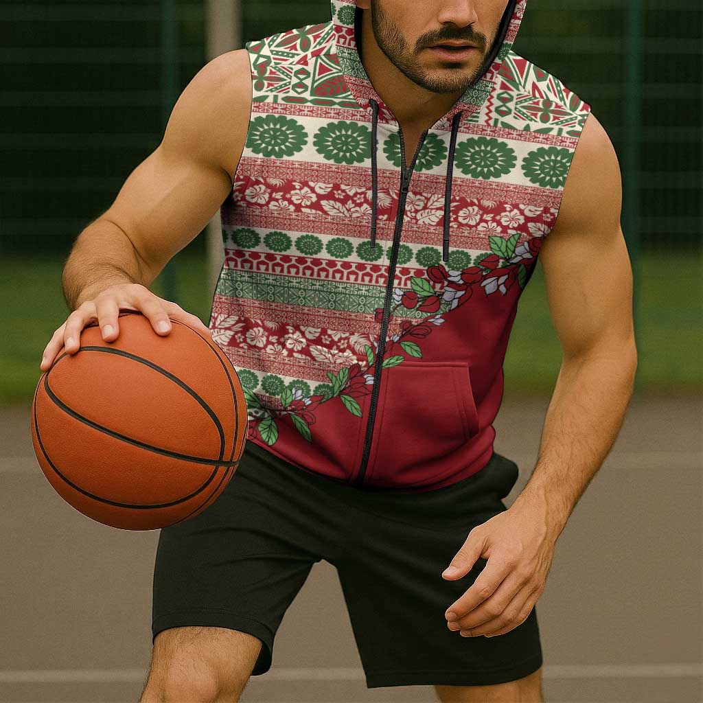 Fiji Marau na Kerisimasi Sleeveless Zip Hoodie Red Tagimoucia Tapa Masi Tribal - Polynesian Pride