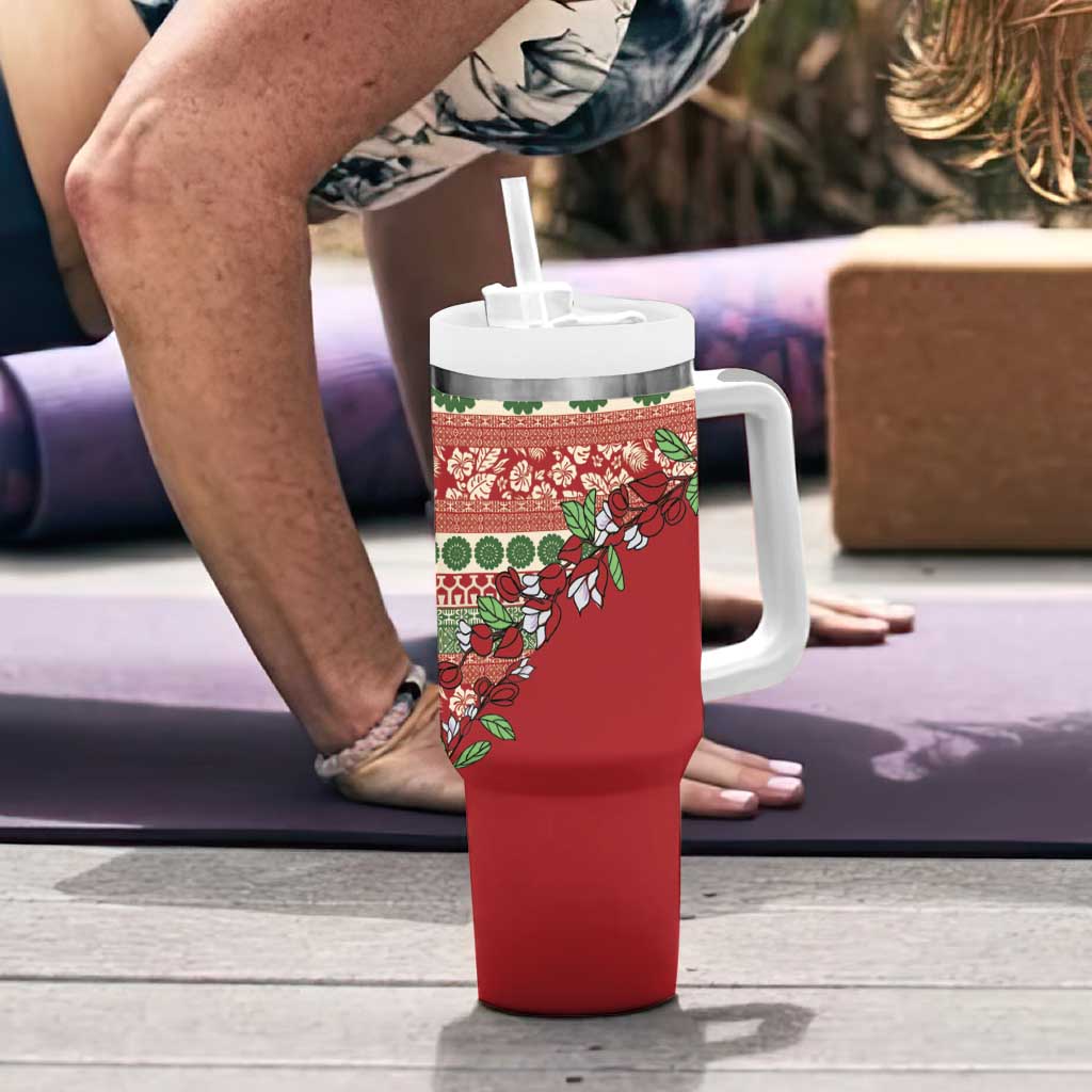 Fiji Marau na Kerisimasi Tumbler With Handle Red Tagimoucia Tapa Masi Tribal - Polynesian Pride
