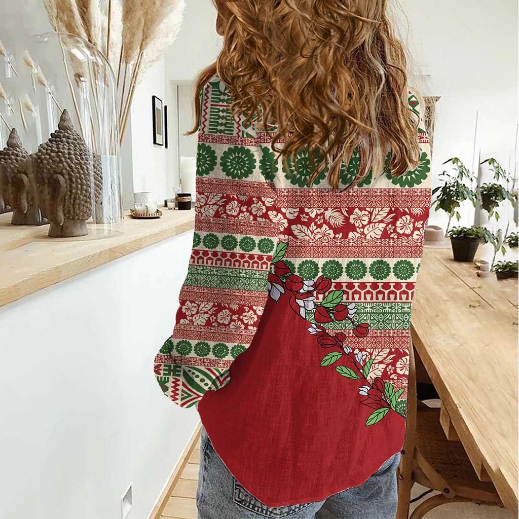 Fiji Marau na Kerisimasi Women Casual Shirt Red Tagimoucia Tapa Masi Tribal LT9 - Polynesian Pride