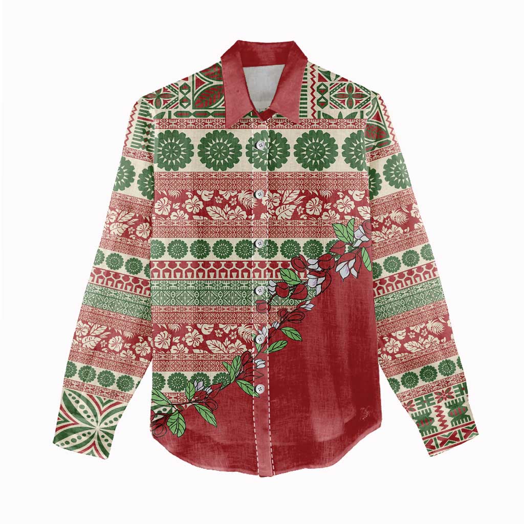 Fiji Marau na Kerisimasi Women Casual Shirt Red Tagimoucia Tapa Masi Tribal LT9 - Polynesian Pride