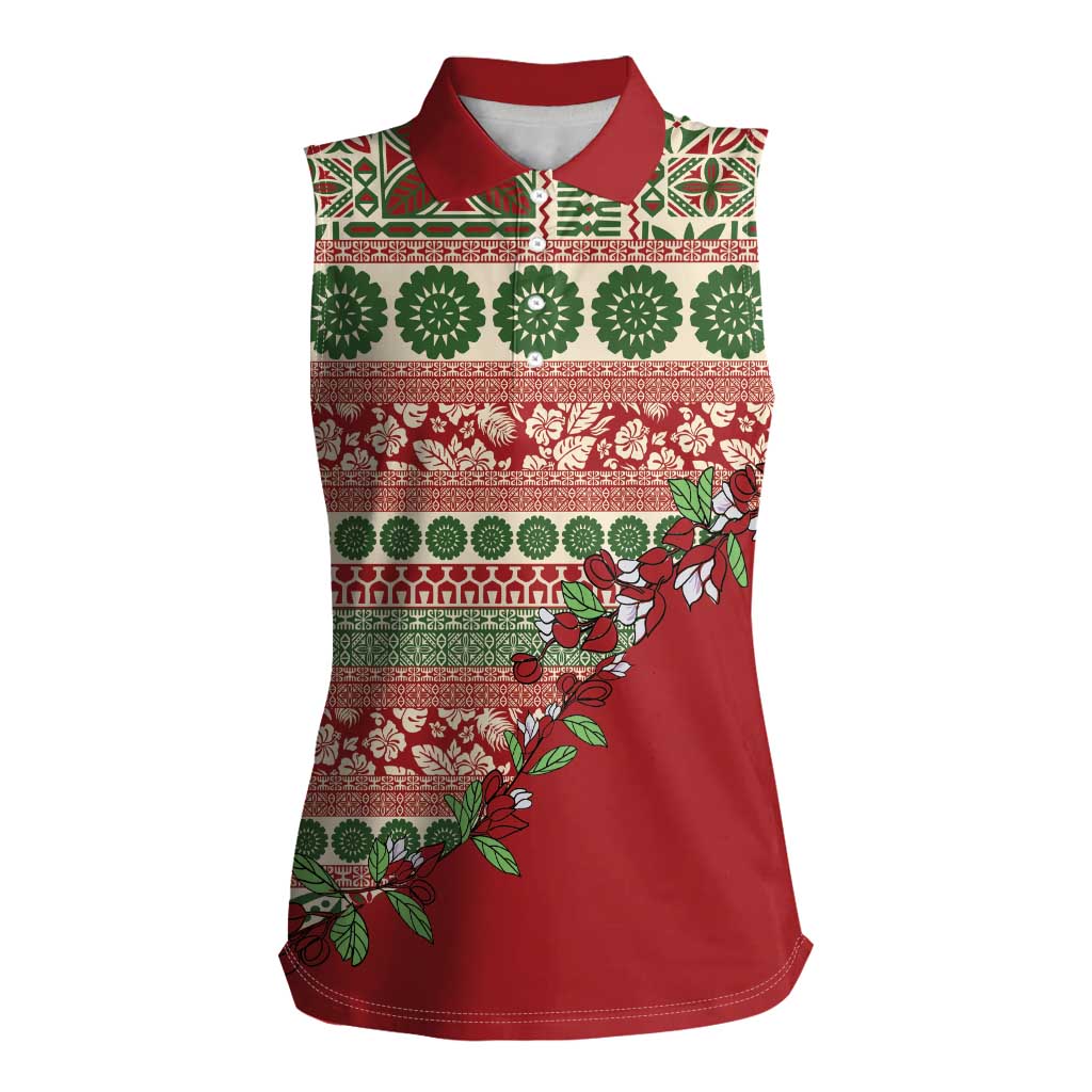 Fiji Marau na Kerisimasi Women Sleeveless Polo Shirt Red Tagimoucia Tapa Masi Tribal LT9 Female Red - Polynesian Pride