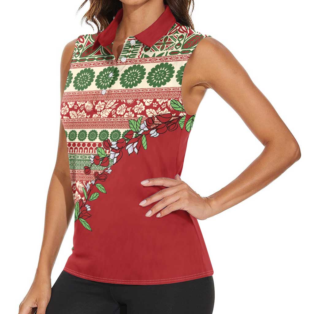 Fiji Marau na Kerisimasi Women Sleeveless Polo Shirt Red Tagimoucia Tapa Masi Tribal LT9 - Polynesian Pride