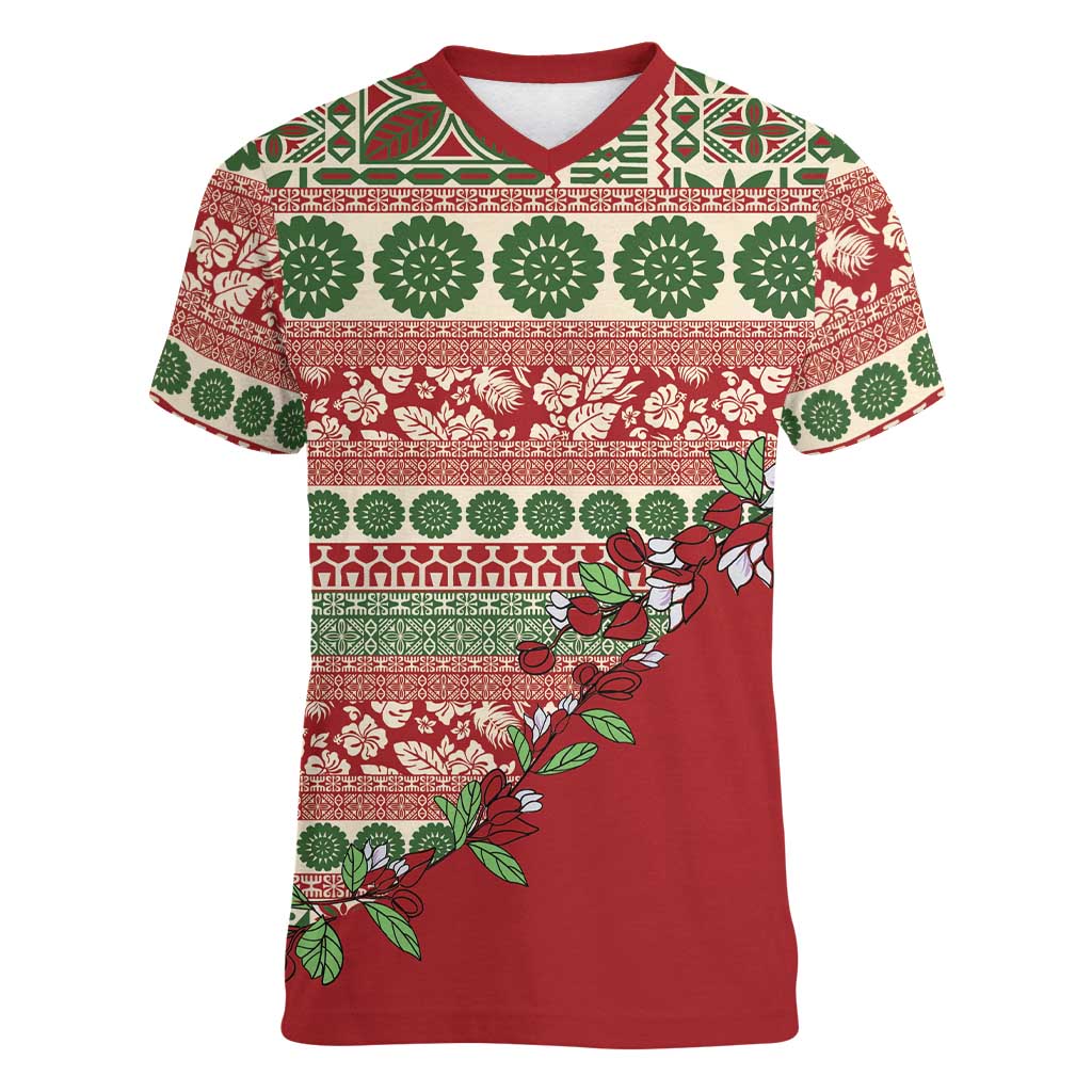 Fiji Marau na Kerisimasi Women V-Neck T-Shirt Red Tagimoucia Tapa Masi Tribal LT9 Female Red - Polynesian Pride