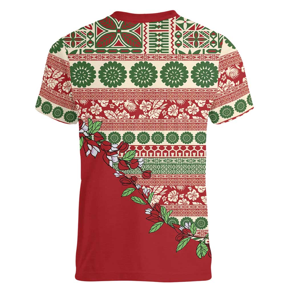Fiji Marau na Kerisimasi Women V-Neck T-Shirt Red Tagimoucia Tapa Masi Tribal LT9 - Polynesian Pride