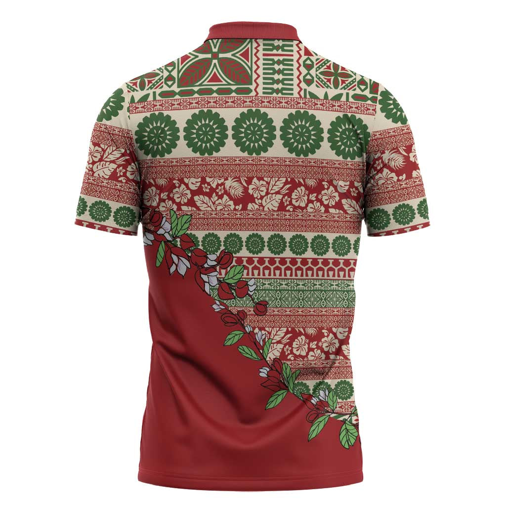 Fiji Marau na Kerisimasi Zipper Polo Shirt Red Tagimoucia Tapa Masi Tribal - Polynesian Pride