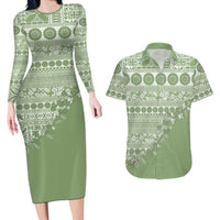Fiji Marau na Kerisimasi Couples Matching Long Sleeve Bodycon Dress and Hawaiian Shirt Sage Green Tagimoucia Tapa Masi Tribal LT9 Green - Polynesian Pride