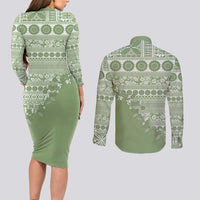 Fiji Marau na Kerisimasi Couples Matching Long Sleeve Bodycon Dress and Long Sleeve Button Shirt Sage Green Tagimoucia Tapa Masi Tribal LT9 - Polynesian Pride