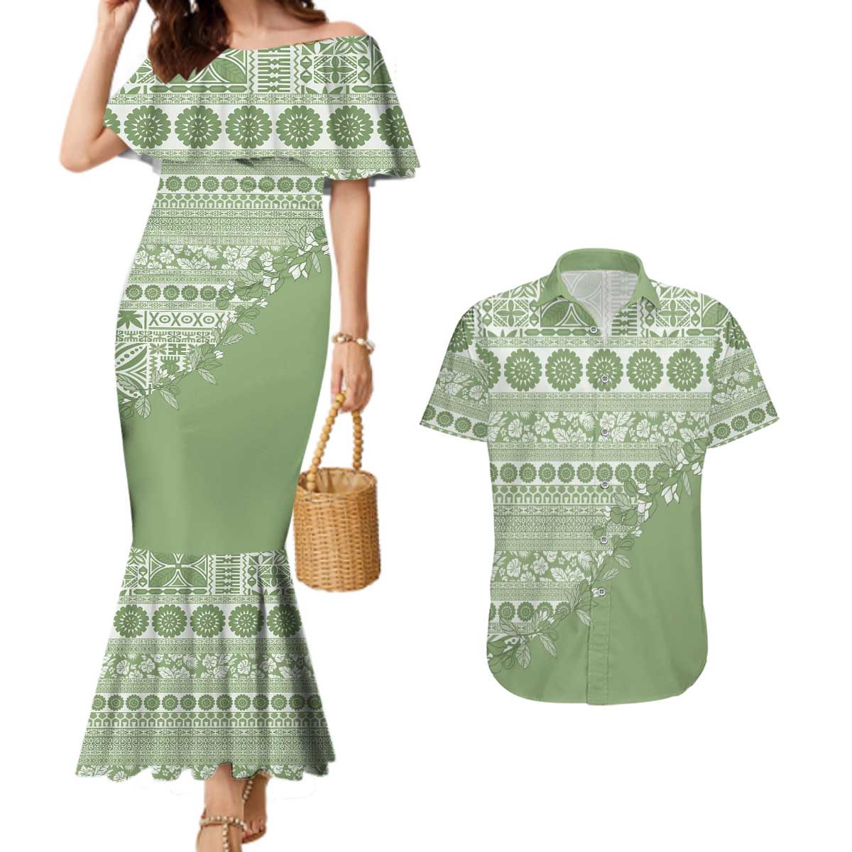 Fiji Marau na Kerisimasi Couples Matching Mermaid Dress and Hawaiian Shirt Sage Green Tagimoucia Tapa Masi Tribal - Polynesian Pride