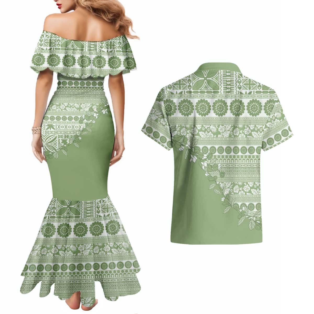 Fiji Marau na Kerisimasi Couples Matching Mermaid Dress and Hawaiian Shirt Sage Green Tagimoucia Tapa Masi Tribal LT9 - Polynesian Pride