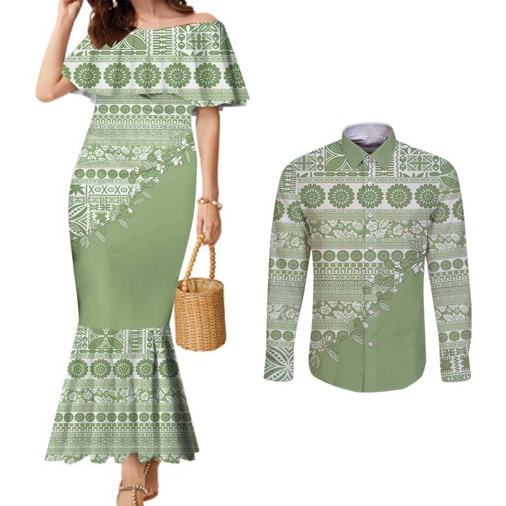 Fiji Marau na Kerisimasi Couples Matching Mermaid Dress and Long Sleeve Button Shirt Sage Green Tagimoucia Tapa Masi Tribal LT9 Green - Polynesian Pride