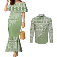 Fiji Marau na Kerisimasi Couples Matching Mermaid Dress and Long Sleeve Button Shirt Sage Green Tagimoucia Tapa Masi Tribal LT9 Green - Polynesian Pride