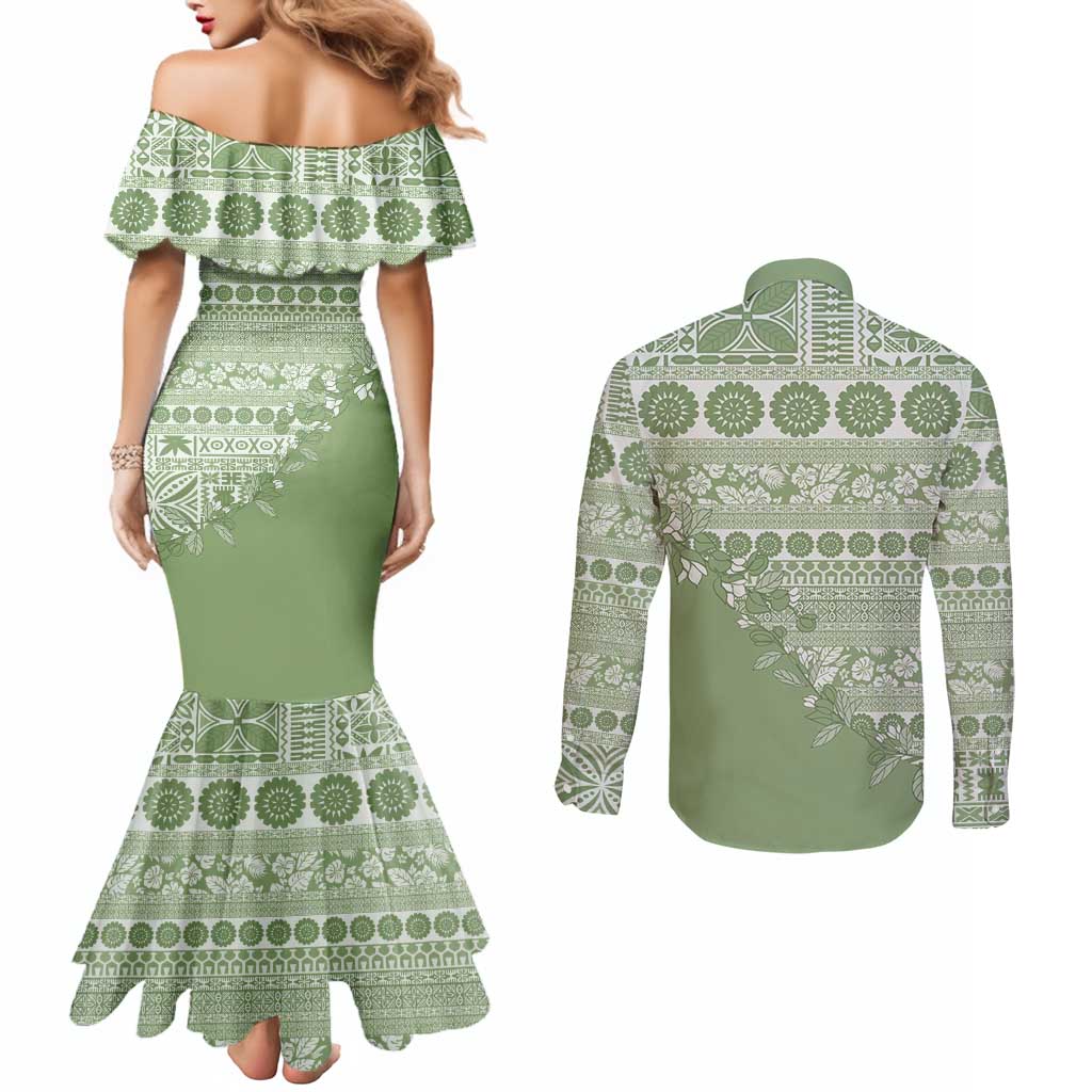 Fiji Marau na Kerisimasi Couples Matching Mermaid Dress and Long Sleeve Button Shirt Sage Green Tagimoucia Tapa Masi Tribal LT9 - Polynesian Pride