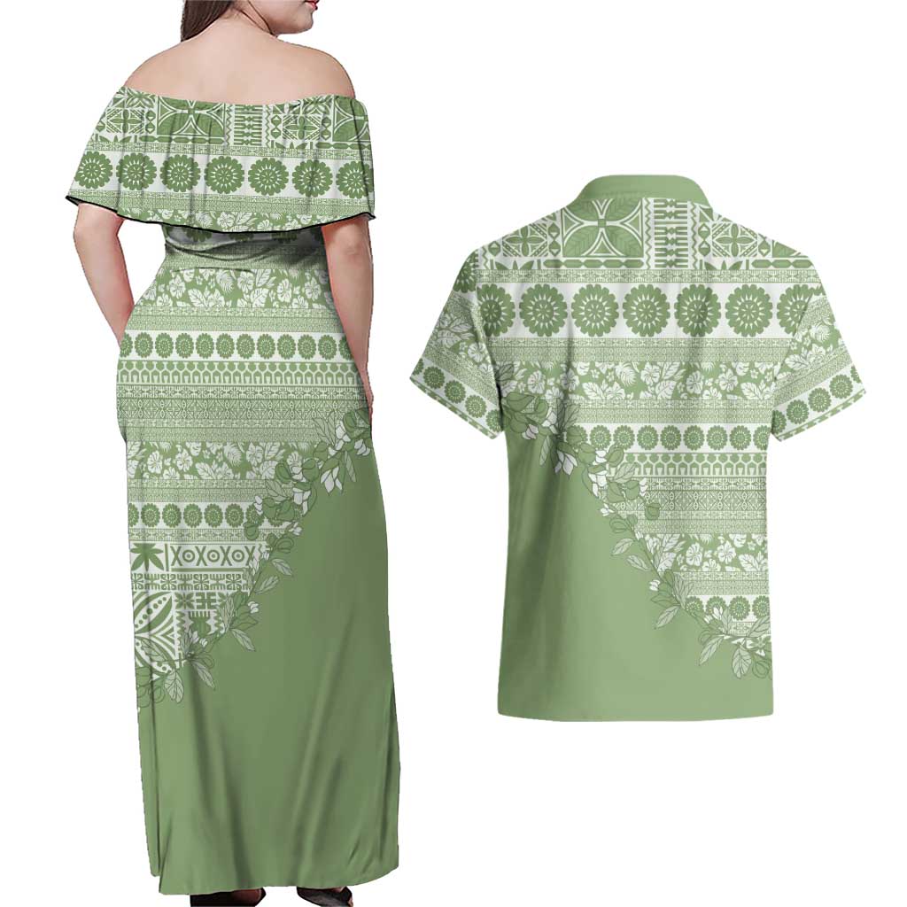 Fiji Marau na Kerisimasi Couples Matching Off Shoulder Maxi Dress and Hawaiian Shirt Sage Green Tagimoucia Tapa Masi Tribal LT9 - Polynesian Pride