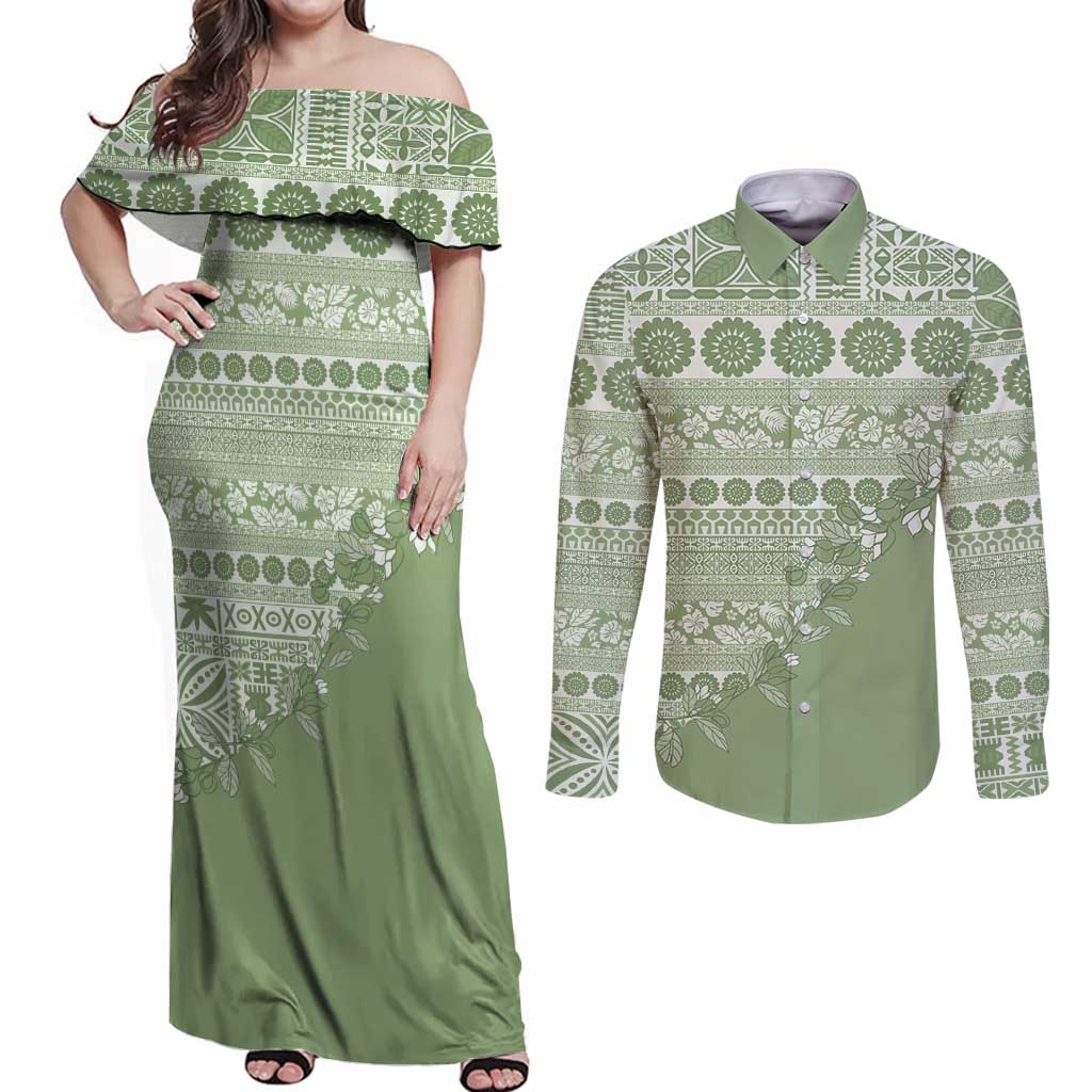 Fiji Marau na Kerisimasi Couples Matching Off Shoulder Maxi Dress and Long Sleeve Button Shirt Sage Green Tagimoucia Tapa Masi Tribal LT9 Green - Polynesian Pride