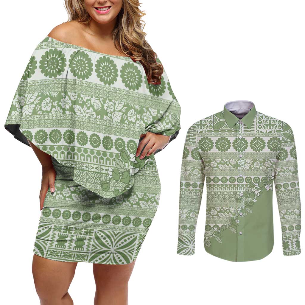 Fiji Marau na Kerisimasi Couples Matching Off Shoulder Short Dress and Long Sleeve Button Shirt Sage Green Tagimoucia Tapa Masi Tribal LT9 Green - Polynesian Pride