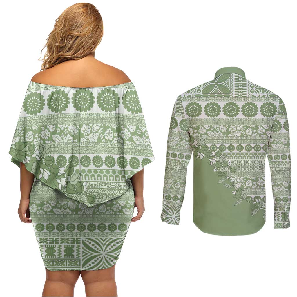 Fiji Marau na Kerisimasi Couples Matching Off Shoulder Short Dress and Long Sleeve Button Shirt Sage Green Tagimoucia Tapa Masi Tribal LT9 - Polynesian Pride