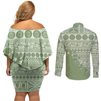 Fiji Marau na Kerisimasi Couples Matching Off Shoulder Short Dress and Long Sleeve Button Shirt Sage Green Tagimoucia Tapa Masi Tribal LT9 - Polynesian Pride