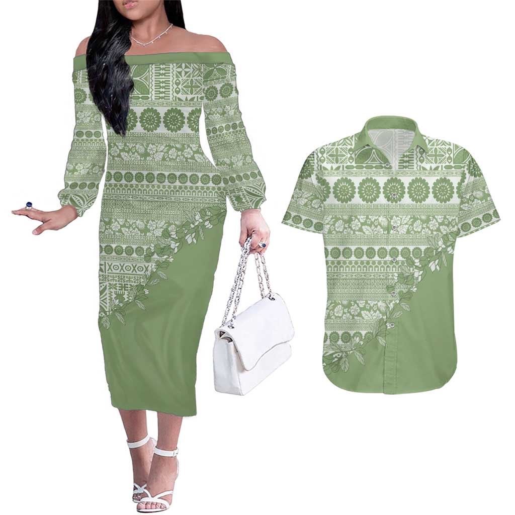 Fiji Marau na Kerisimasi Couples Matching Off The Shoulder Long Sleeve Dress and Hawaiian Shirt Sage Green Tagimoucia Tapa Masi Tribal LT9 Green - Polynesian Pride