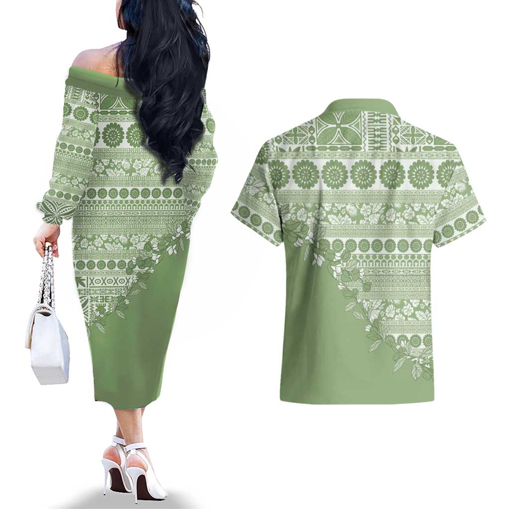 Fiji Marau na Kerisimasi Couples Matching Off The Shoulder Long Sleeve Dress and Hawaiian Shirt Sage Green Tagimoucia Tapa Masi Tribal LT9 - Polynesian Pride