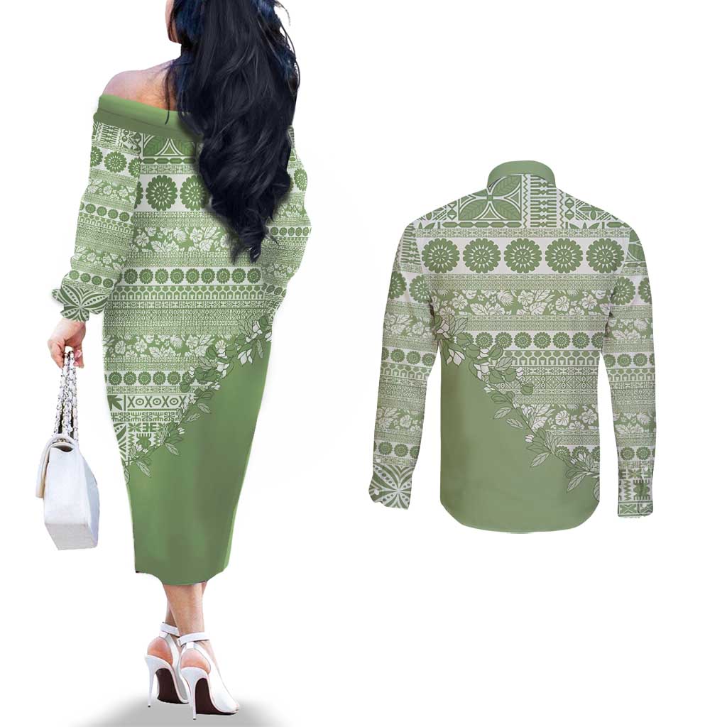 Fiji Marau na Kerisimasi Couples Matching Off The Shoulder Long Sleeve Dress and Long Sleeve Button Shirt Sage Green Tagimoucia Tapa Masi Tribal LT9 - Polynesian Pride