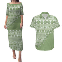 Fiji Marau na Kerisimasi Couples Matching Puletasi and Hawaiian Shirt Sage Green Tagimoucia Tapa Masi Tribal LT9 Green - Polynesian Pride