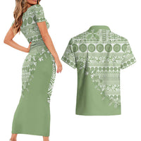 Fiji Marau na Kerisimasi Couples Matching Short Sleeve Bodycon Dress and Hawaiian Shirt Sage Green Tagimoucia Tapa Masi Tribal LT9 - Polynesian Pride
