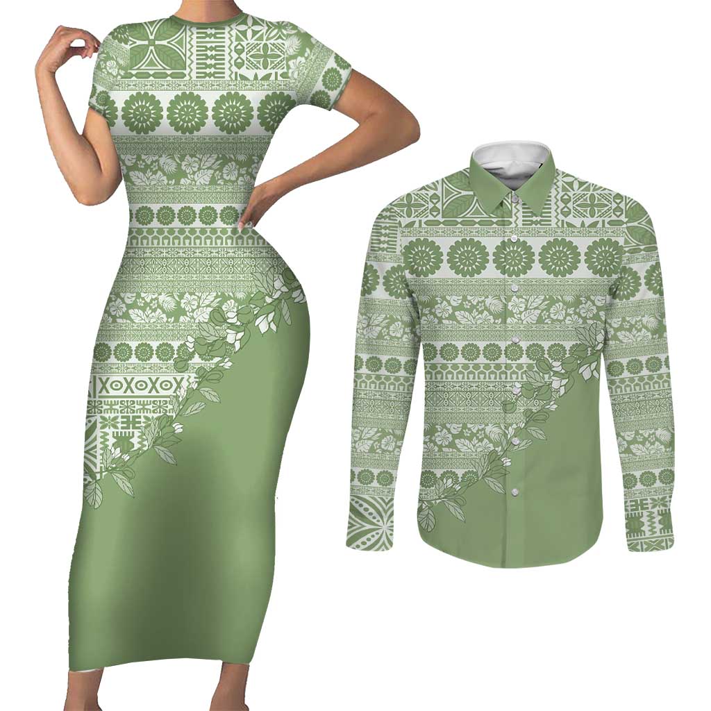 Fiji Marau na Kerisimasi Couples Matching Short Sleeve Bodycon Dress and Long Sleeve Button Shirt Sage Green Tagimoucia Tapa Masi Tribal - Polynesian Pride