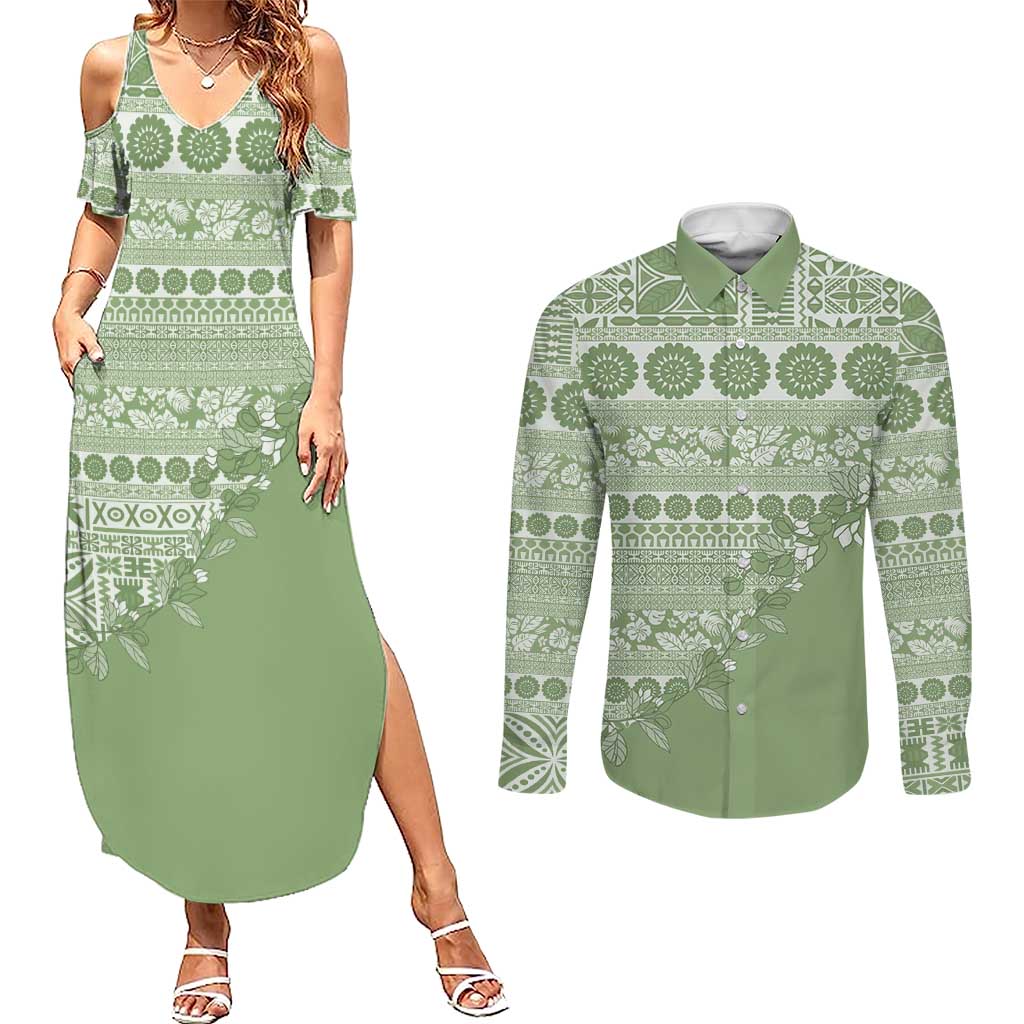 Fiji Marau na Kerisimasi Couples Matching Summer Maxi Dress and Long Sleeve Button Shirt Sage Green Tagimoucia Tapa Masi Tribal - Polynesian Pride