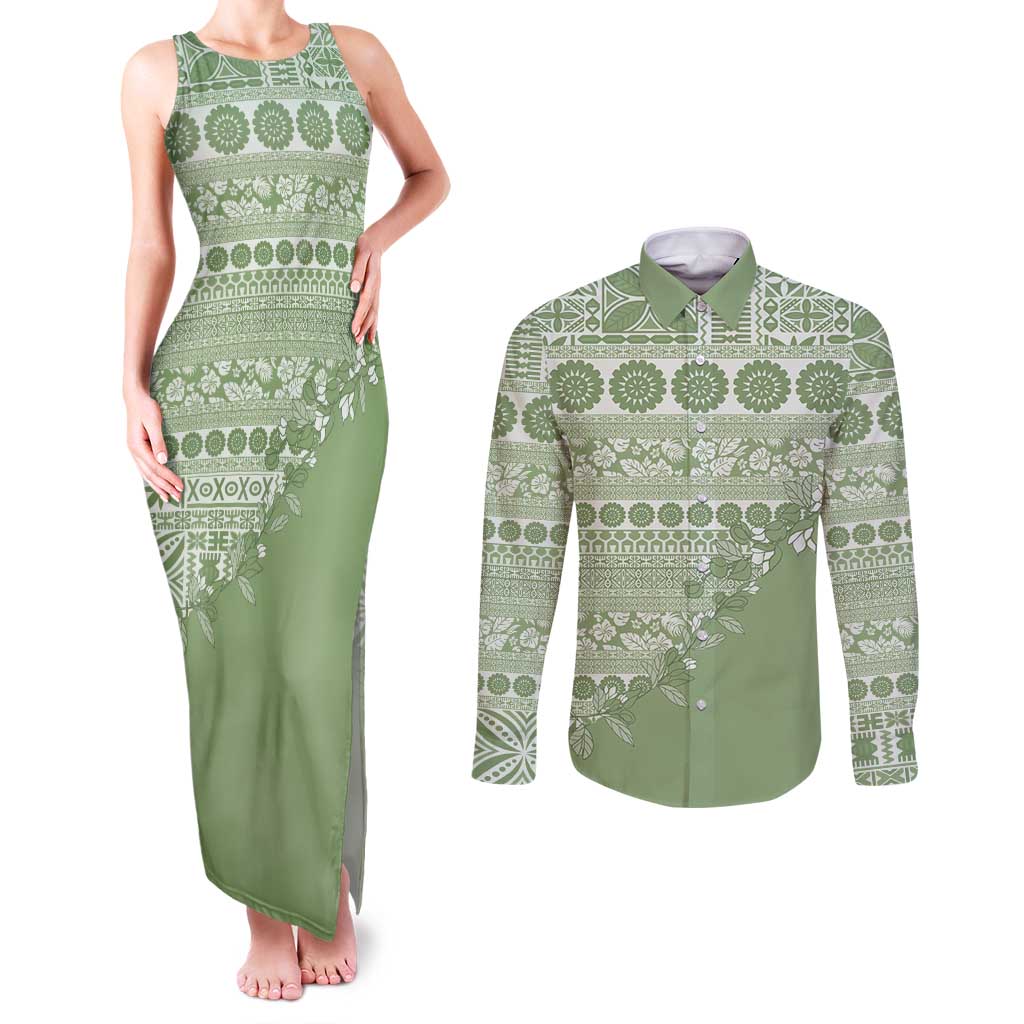 Fiji Marau na Kerisimasi Couples Matching Tank Maxi Dress and Long Sleeve Button Shirt Sage Green Tagimoucia Tapa Masi Tribal LT9 Green - Polynesian Pride