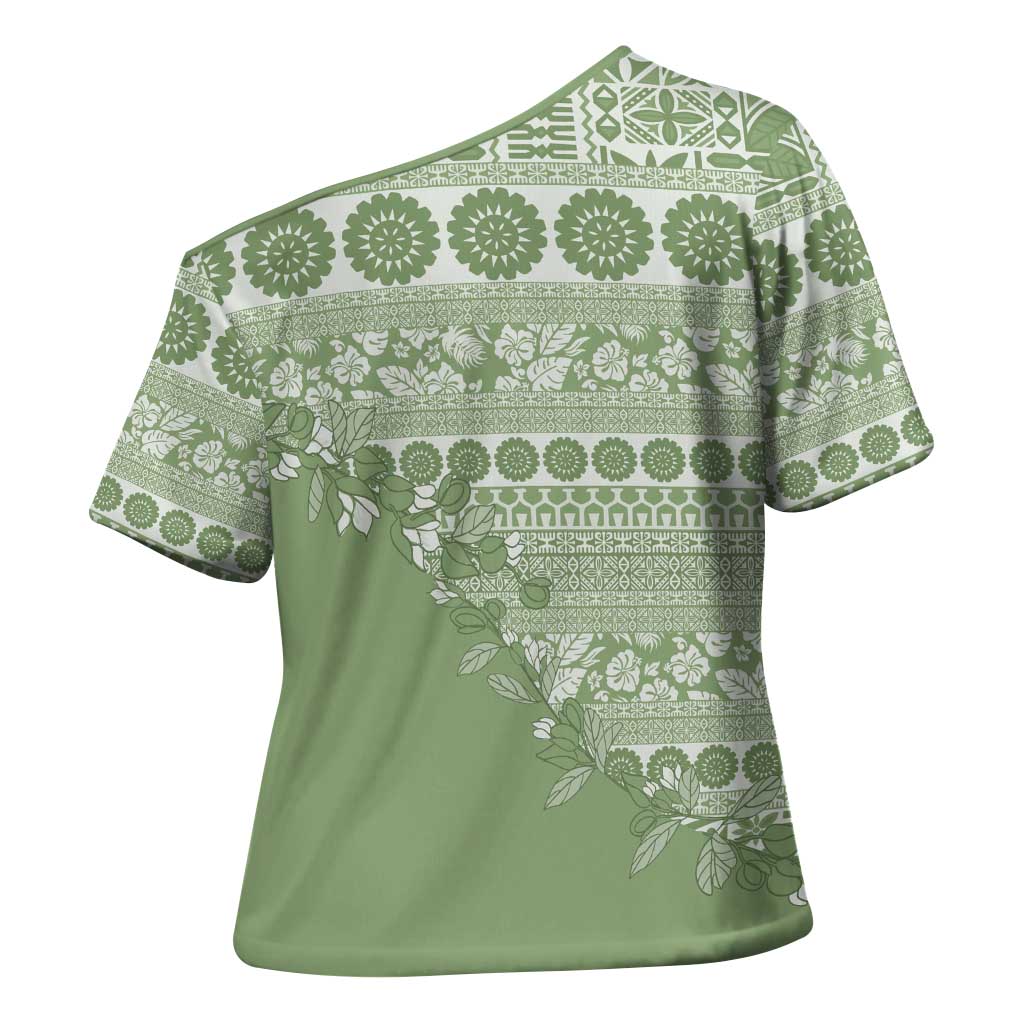 Fiji Marau na Kerisimasi Cross Shoulder Shirt Sage Green Tagimoucia Tapa Masi Tribal - Polynesian Pride