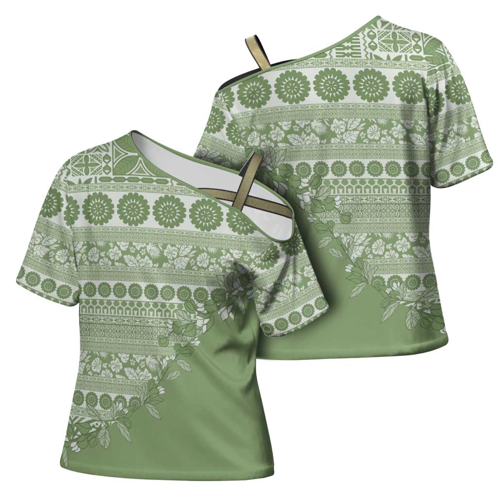 Fiji Marau na Kerisimasi Cross Shoulder Shirt Sage Green Tagimoucia Tapa Masi Tribal - Polynesian Pride