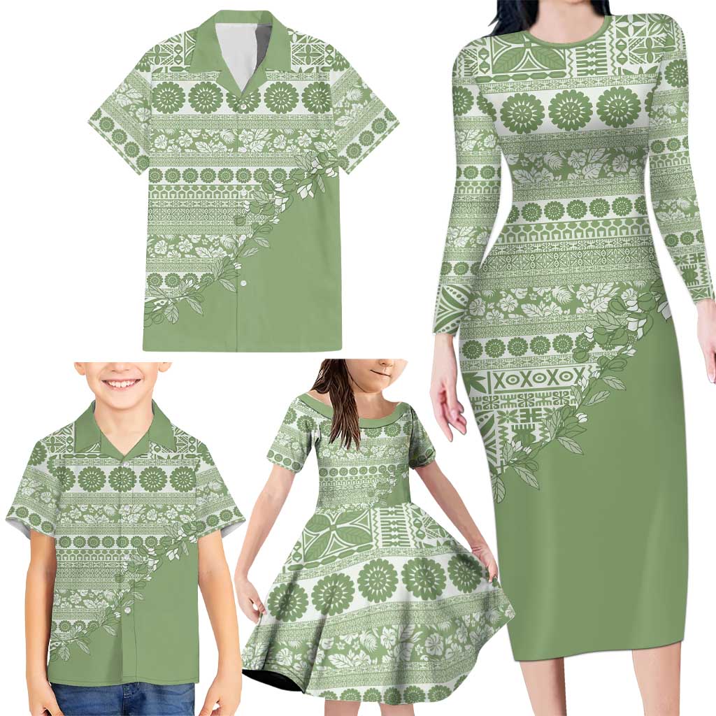 Fiji Marau na Kerisimasi Family Matching Long Sleeve Bodycon Dress and Hawaiian Shirt Sage Green Tagimoucia Tapa Masi Tribal LT9 - Polynesian Pride
