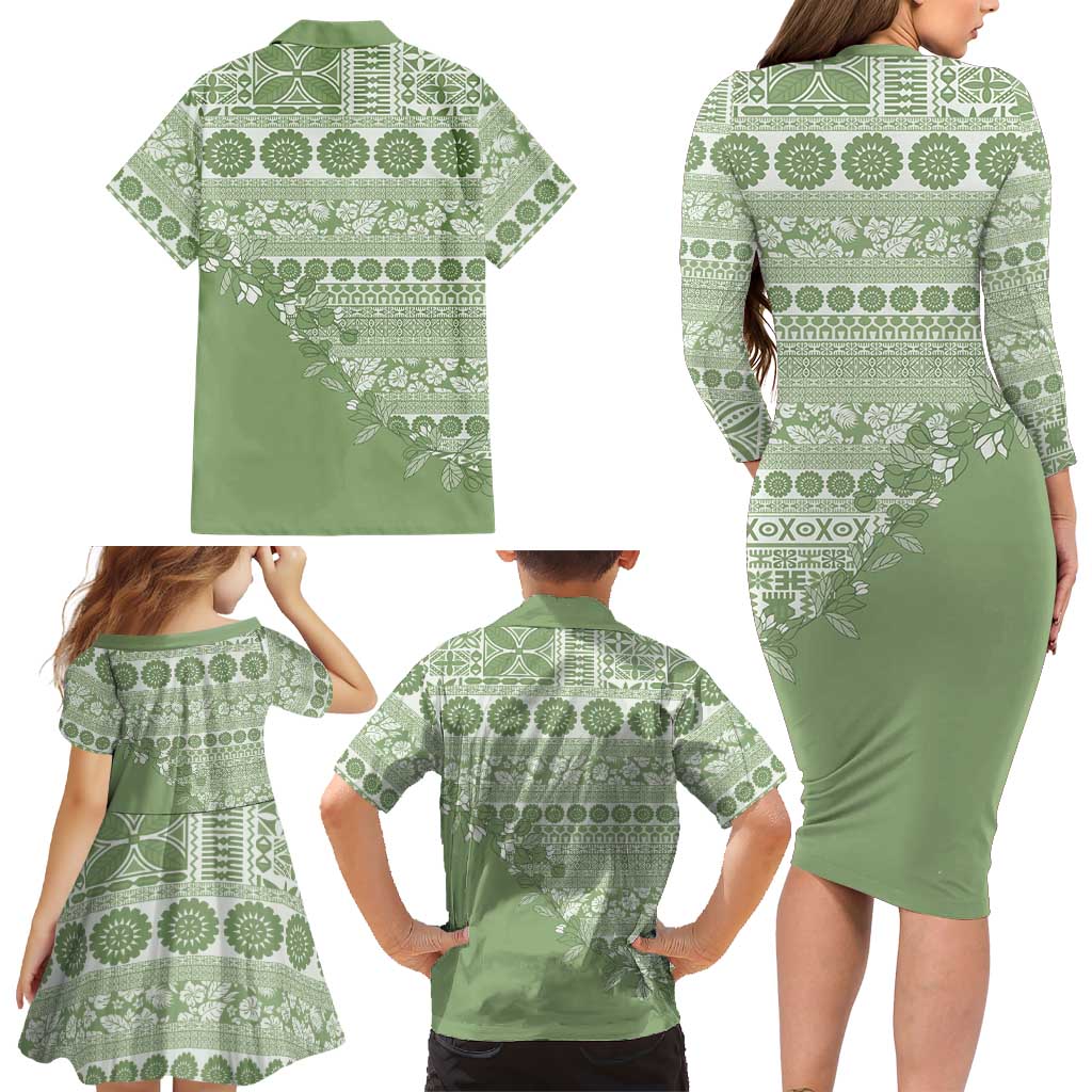 Fiji Marau na Kerisimasi Family Matching Long Sleeve Bodycon Dress and Hawaiian Shirt Sage Green Tagimoucia Tapa Masi Tribal LT9 - Polynesian Pride