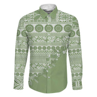 Fiji Marau na Kerisimasi Family Matching Long Sleeve Bodycon Dress and Hawaiian Shirt Sage Green Tagimoucia Tapa Masi Tribal LT9 Dad's Shirt - Long Sleeve Green - Polynesian Pride