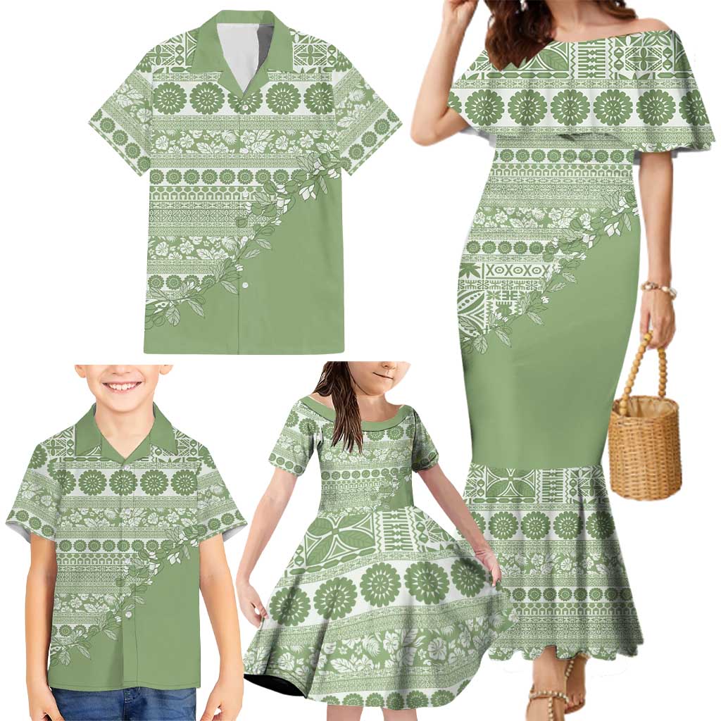 Fiji Marau na Kerisimasi Family Matching Mermaid Dress and Hawaiian Shirt Sage Green Tagimoucia Tapa Masi Tribal LT9 - Polynesian Pride