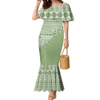 Fiji Marau na Kerisimasi Family Matching Mermaid Dress and Hawaiian Shirt Sage Green Tagimoucia Tapa Masi Tribal LT9 Mom's Dress Green - Polynesian Pride