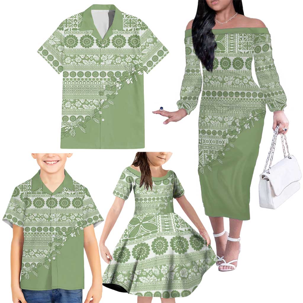 Fiji Marau na Kerisimasi Family Matching Off The Shoulder Long Sleeve Dress and Hawaiian Shirt Sage Green Tagimoucia Tapa Masi Tribal LT9 - Polynesian Pride