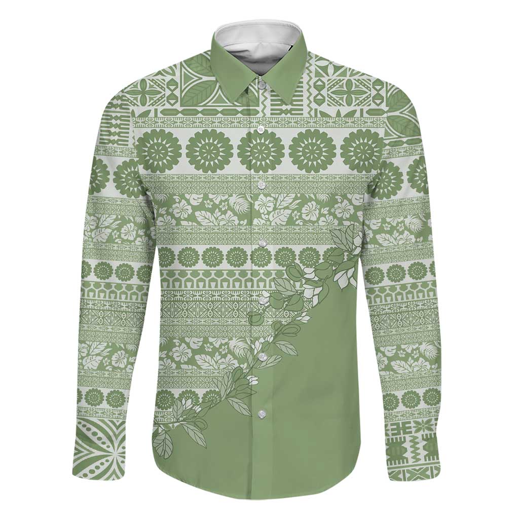 Fiji Marau na Kerisimasi Family Matching Off The Shoulder Long Sleeve Dress and Hawaiian Shirt Sage Green Tagimoucia Tapa Masi Tribal LT9 Dad's Shirt - Long Sleeve Green - Polynesian Pride